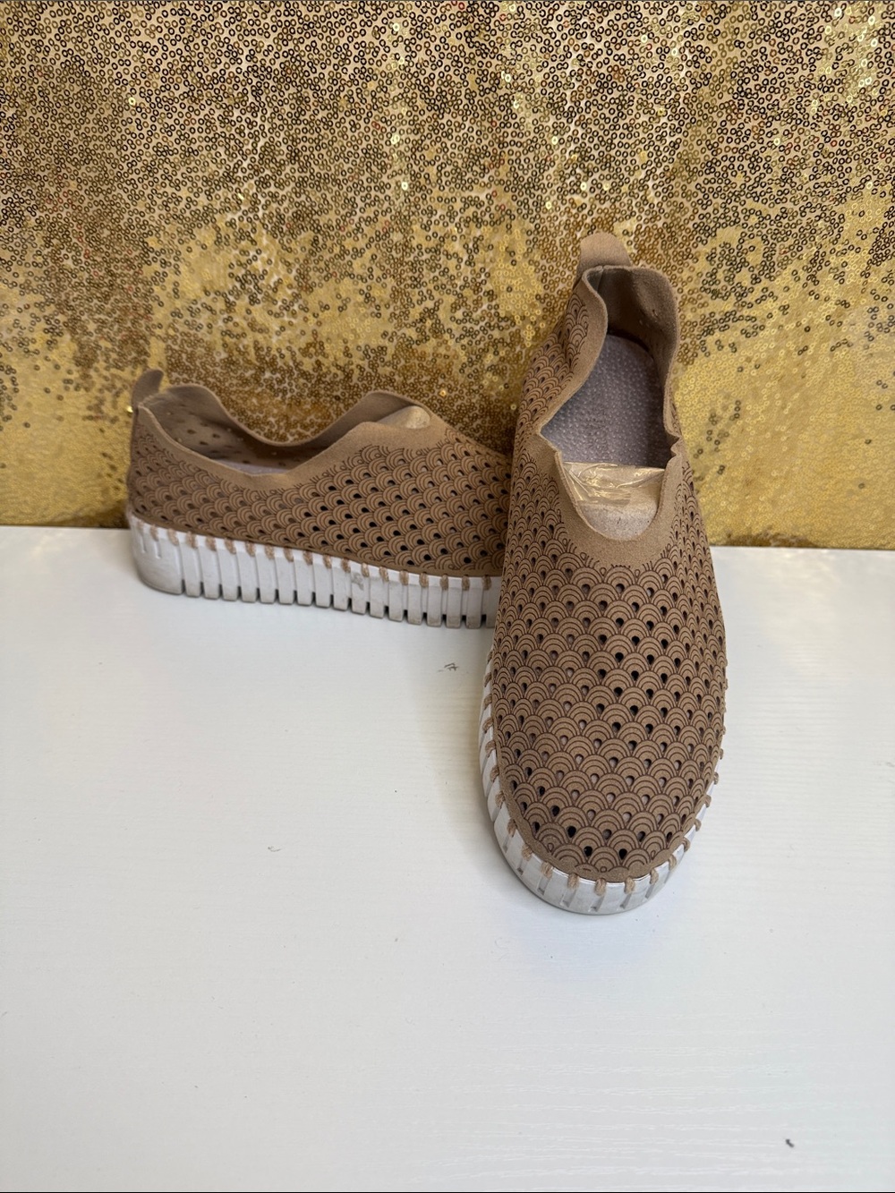 Ilse Jacobsen Tan Perforated Suede Slip-Ons